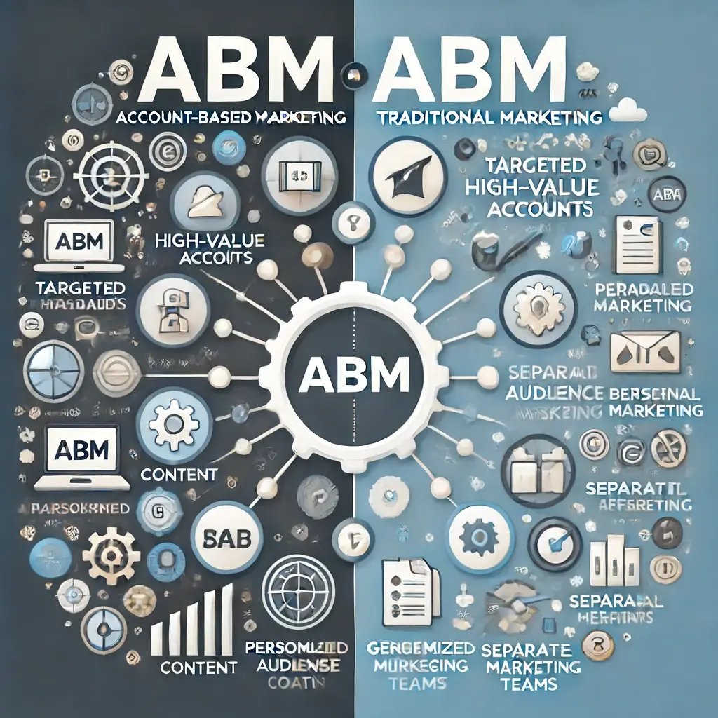 DALL·E 2024-06-14 12.57.52 - A digital infographic illustrating the key differences between Account-Based Marketing (ABM) and Traditional Marketing. The left side, representing AB