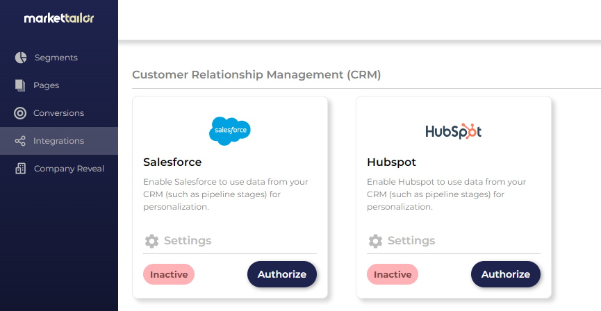 CRM section of integrations